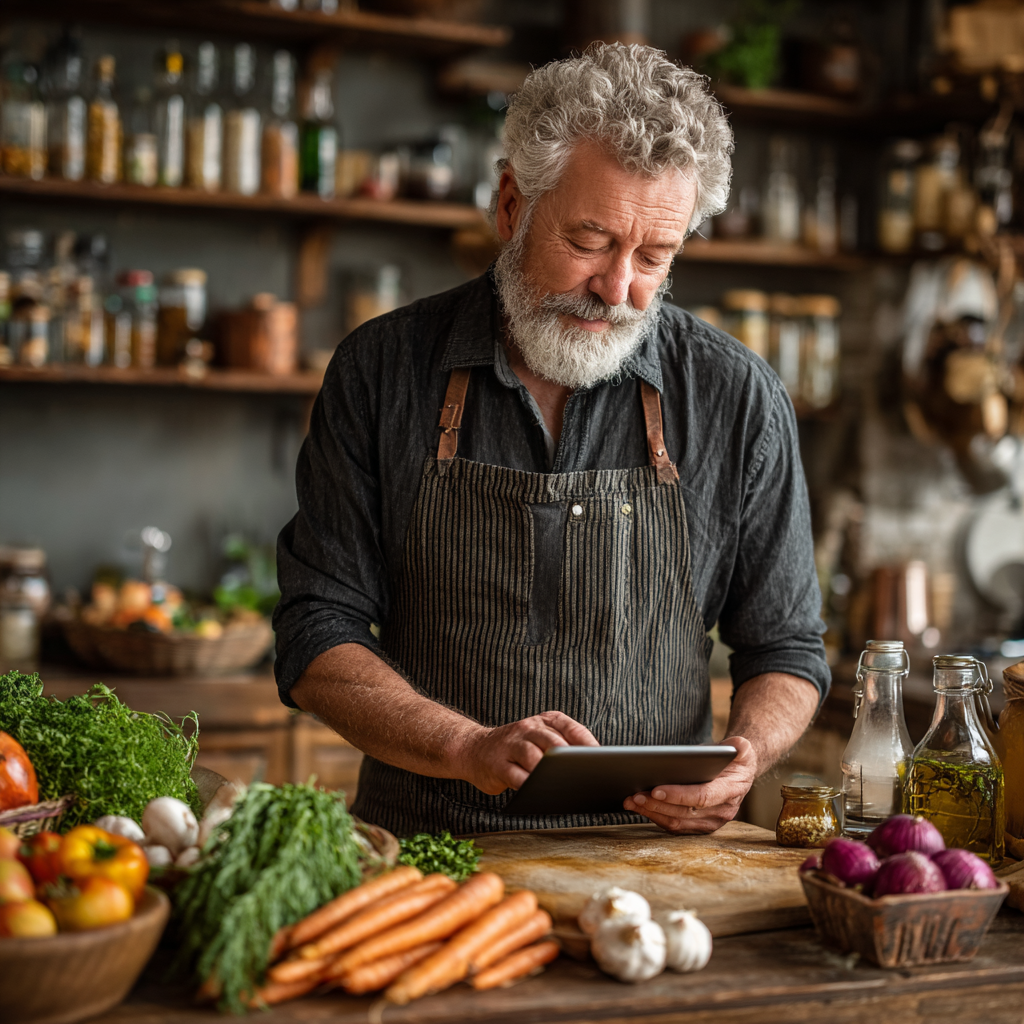 Чоловік 58 років готує здорову їжу на кухні за персональним рецептом з планшету