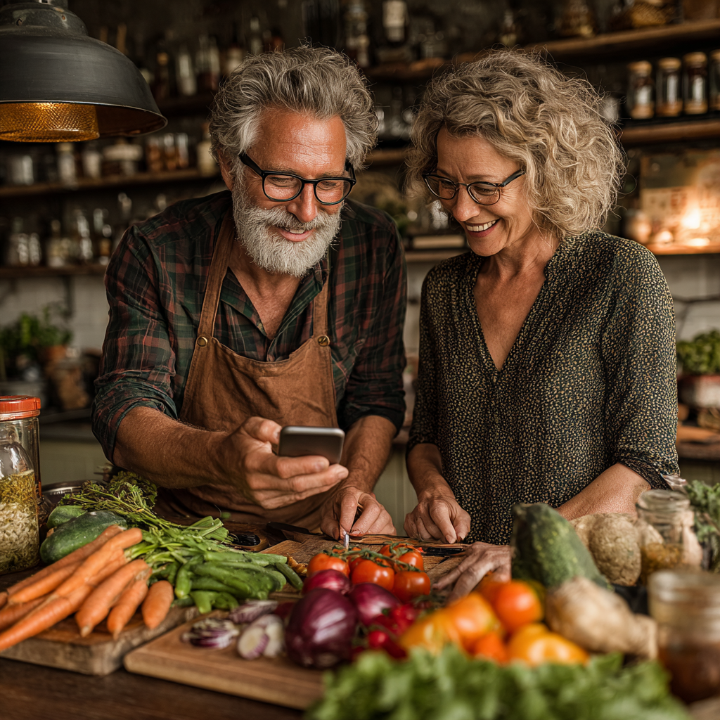 Подружжя 52 та 54 років разом готують здорову страву, усміхаючись та дивлячись на смартфон з додатком nustradell