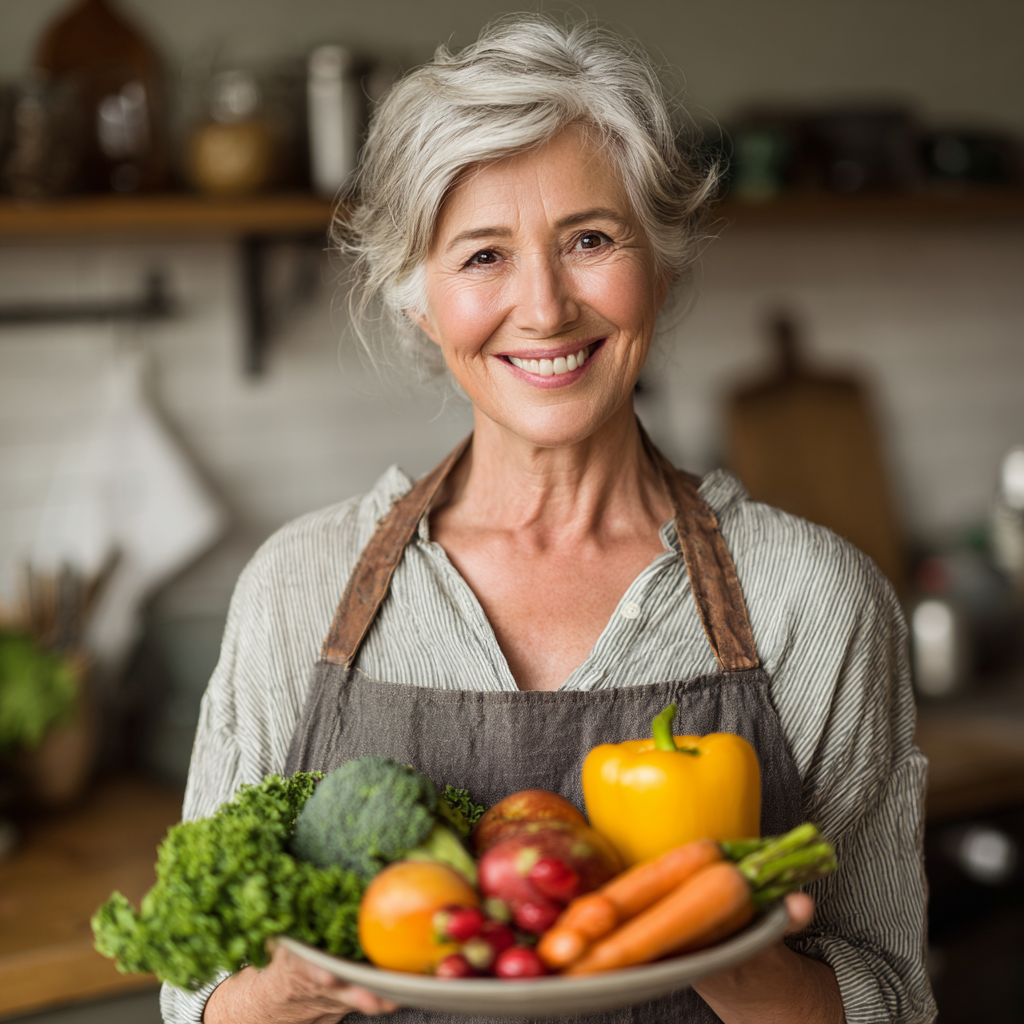 Жінка 55 років усміхається, тримає в руках тарілку зі свіжими овочами та фруктами на кухні